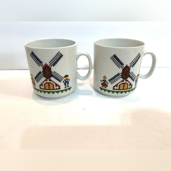 Vintage Kronester coffee/tea cup Set of 2 Windmill Crosstitch Lego Mugs Germany - Picture 1 of 6